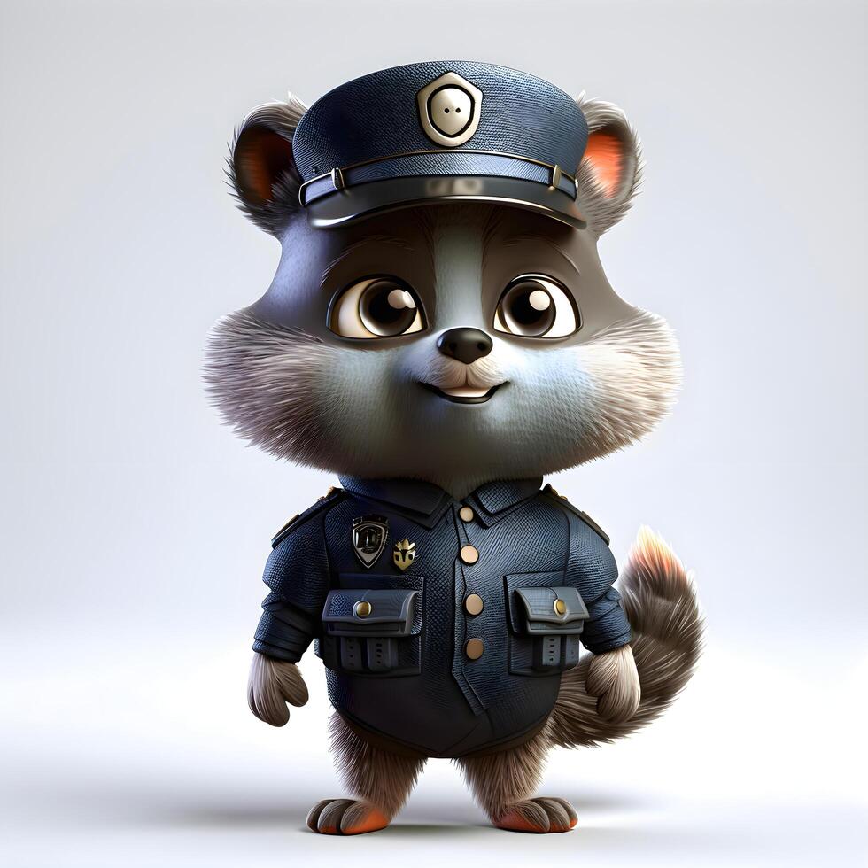 Cute cartoon raccoon dressed as a police officer, 3d illustration, Image photo