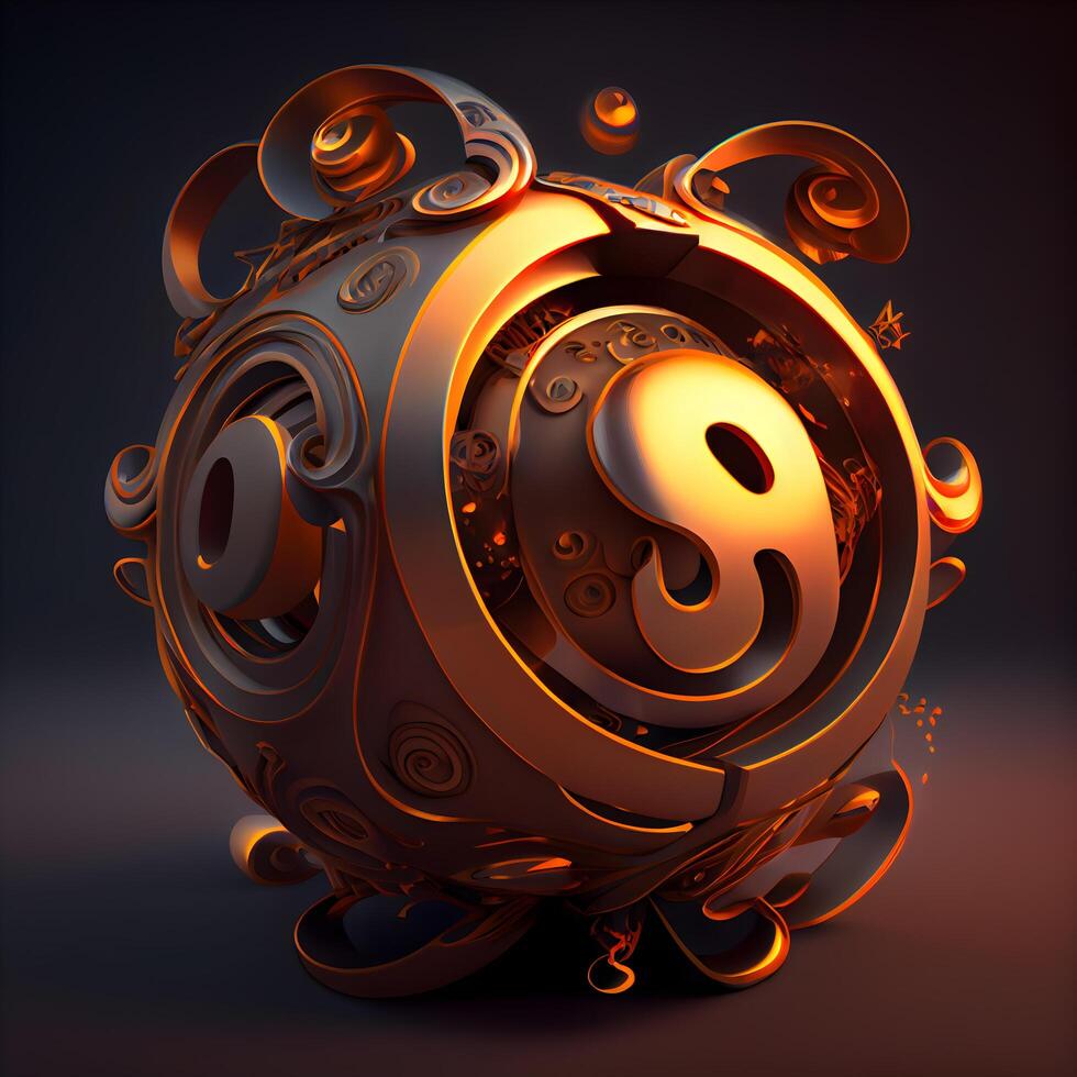 3d illustration of Yin Yang symbol in orange and black background., Image photo