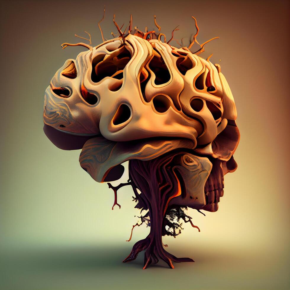 Human brain made of leaves and roots. 3d render illustration., Image photo