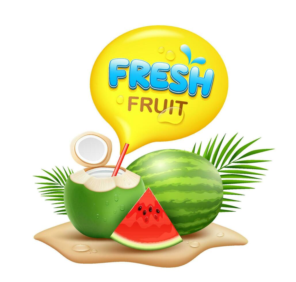Coconuts fruit and Watermelon fresh, coconut leaf realistic pile of sand, water drop and yellow speech bubble, isolated on white background, EPS 10 vector illustration