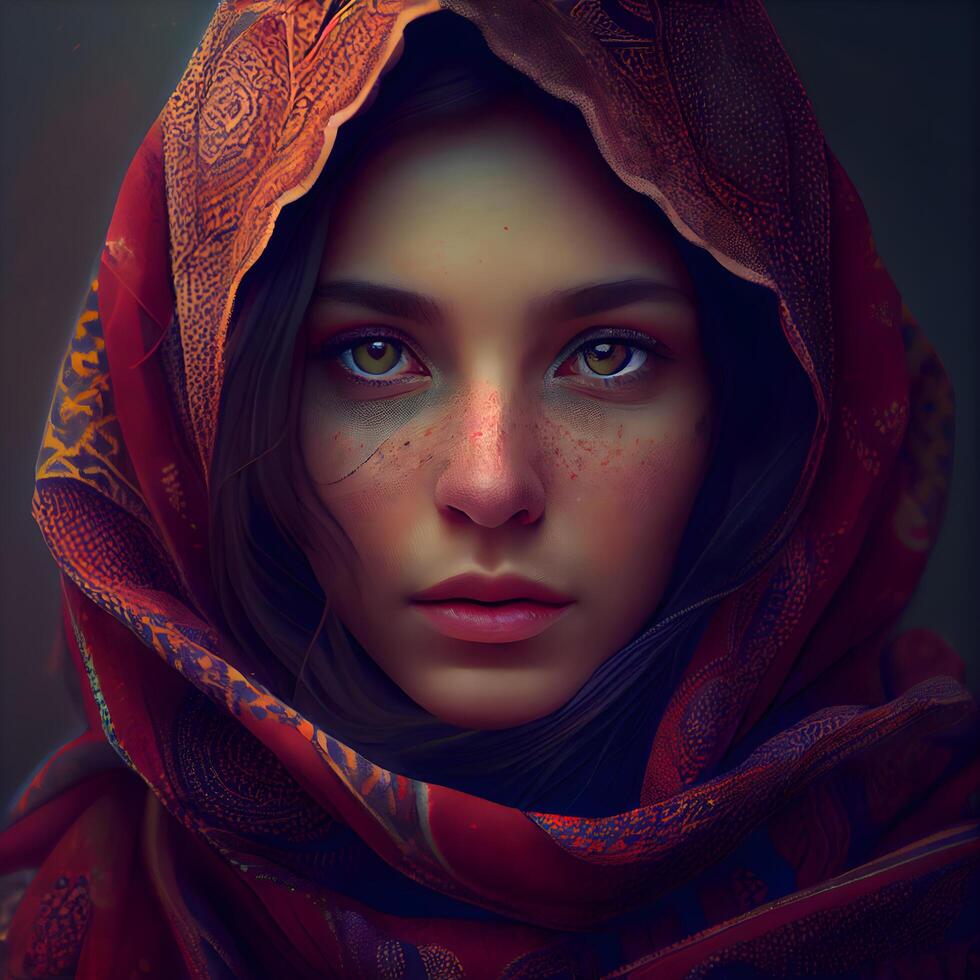 Portrait of a beautiful girl in a red shawl on her head., Image photo