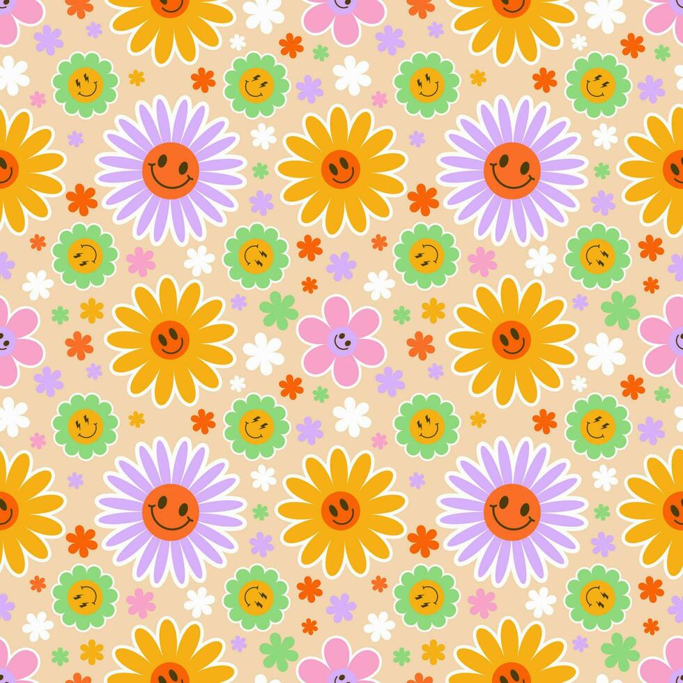 Groovy flower seamless pattern. Y2k floral smile background. Cartoon retro daisy print with funny faces. Vector trendy aesthetic illustration.