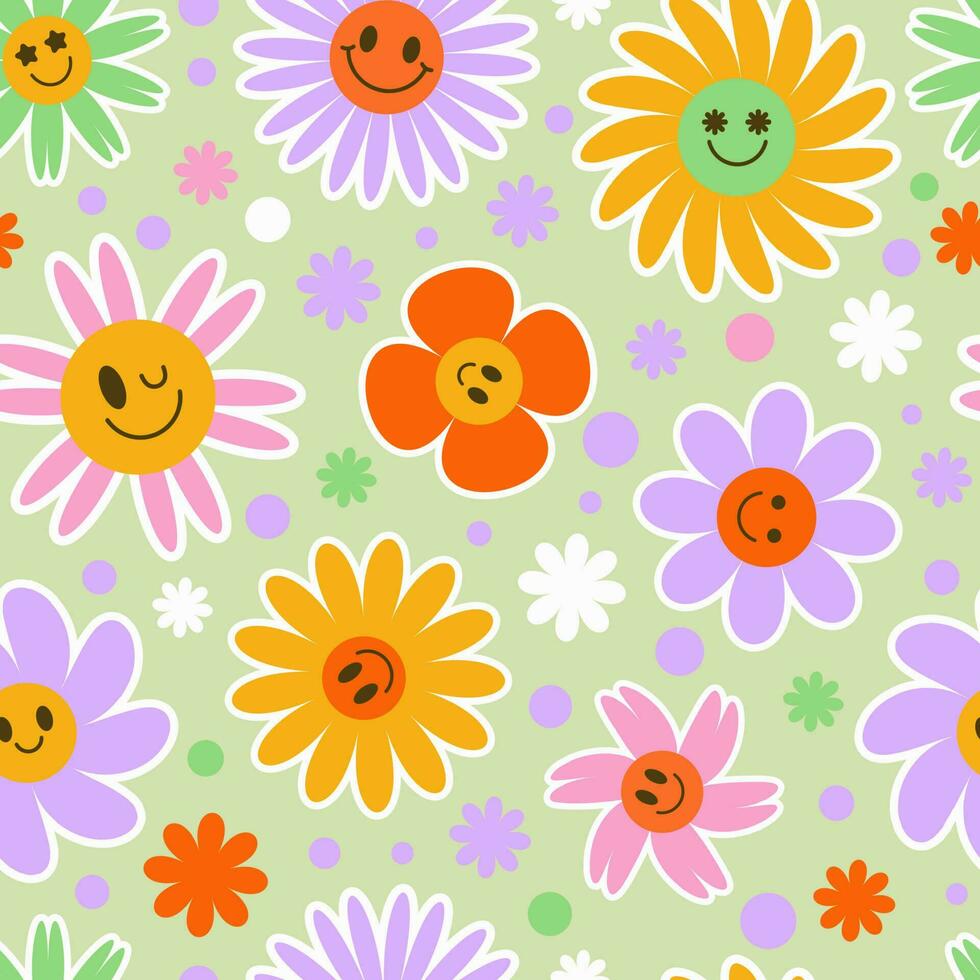 Groovy flower seamless pattern. Y2k floral smile background. Cartoon retro daisy print with funny faces. Vector trendy aesthetic illustration.