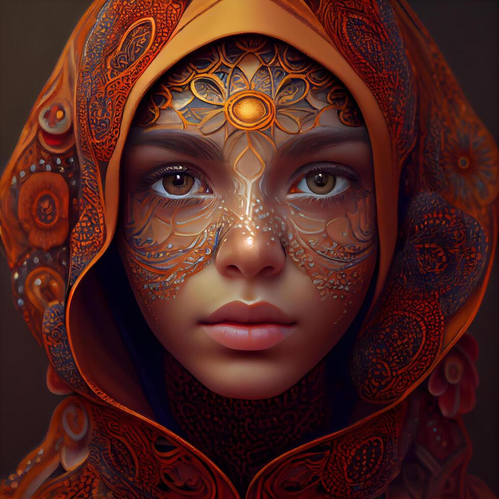 Beautiful woman with oriental ornament on her face. 3d rendering, Image photo