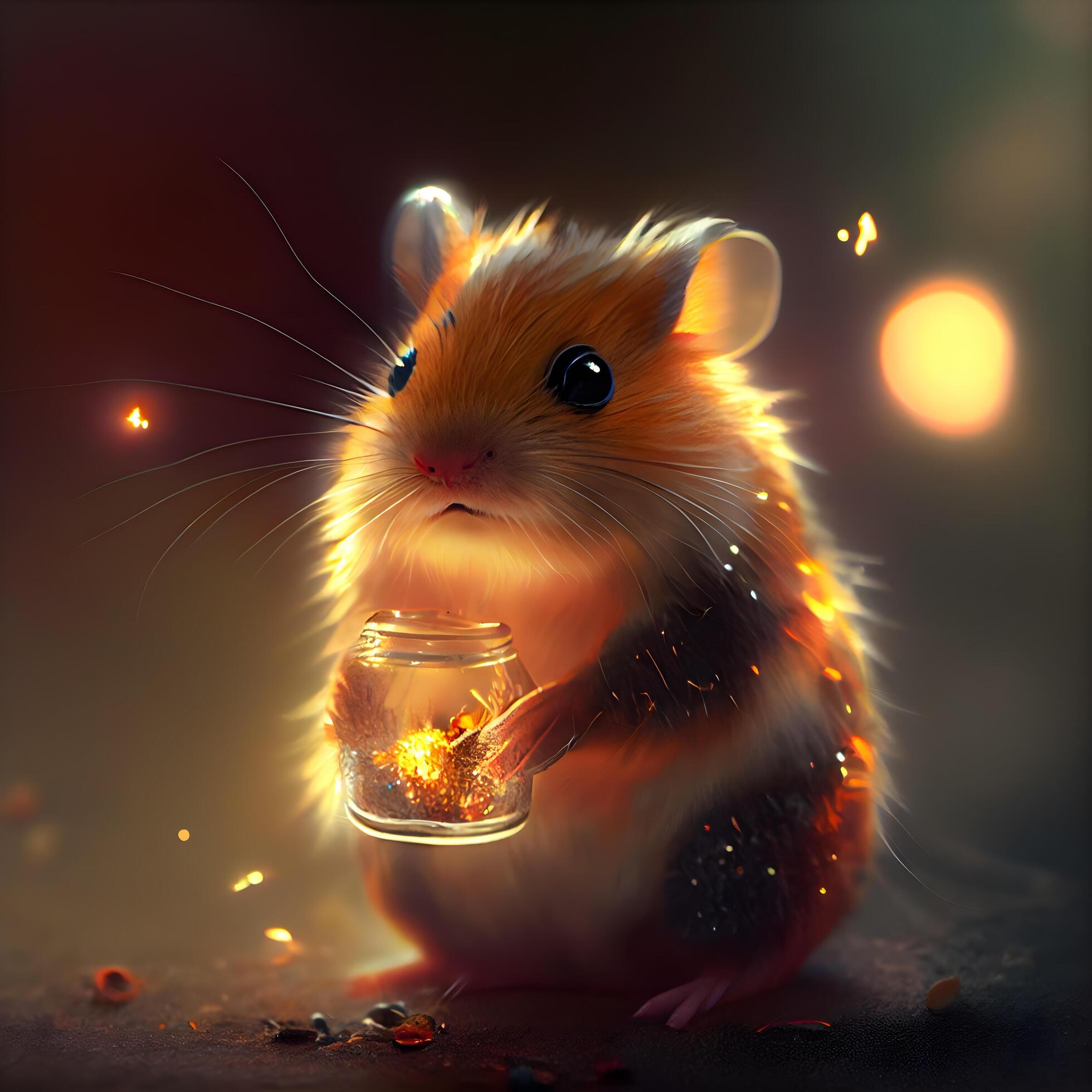 Hamster with a burning candle and a pot of fire on a dark background