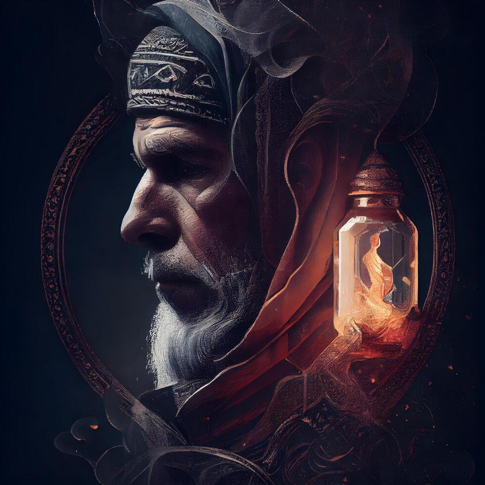 Portrait of an old man with a lamp in his hand., Image photo