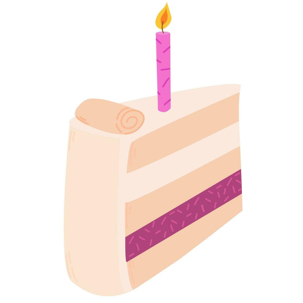 Vector slice of cake. Tasty cake slices with cream and candle. Delicious cake in hand drawn style