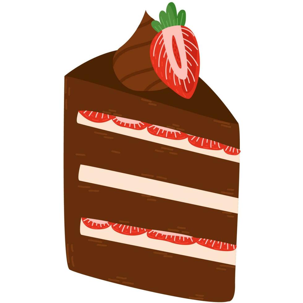 Vector slice of cake. Tasty cake slices with cream and strawberry. Delicious cake in hand drawn style