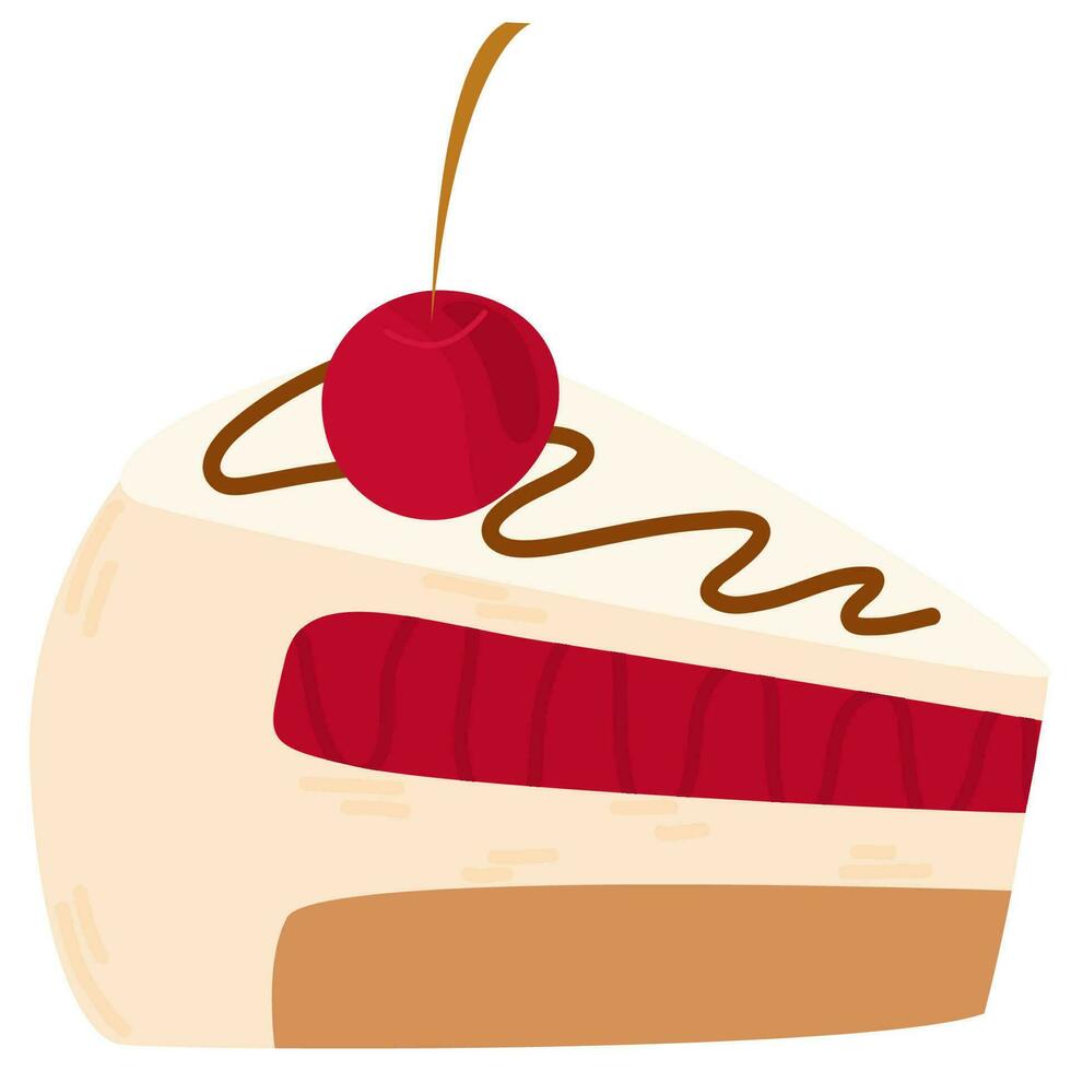 Vector slice of cake. Tasty cake slices with cream and cherry. Delicious cake in hand drawn style