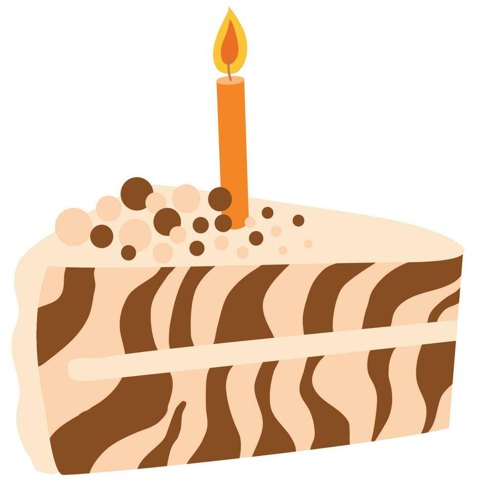 Vector slice of cake. Tasty cake slices with cream and candle. Delicious cake in hand drawn style