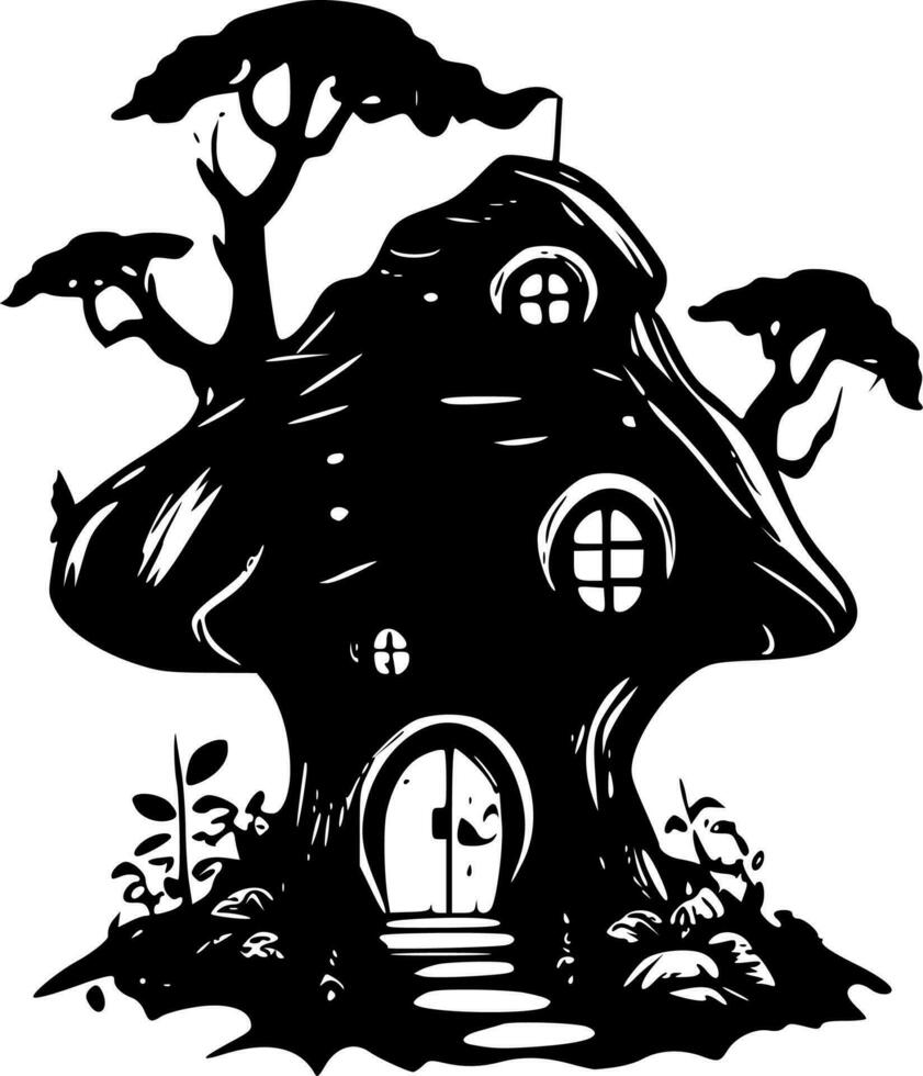 Fairy House, Black and White Vector illustration