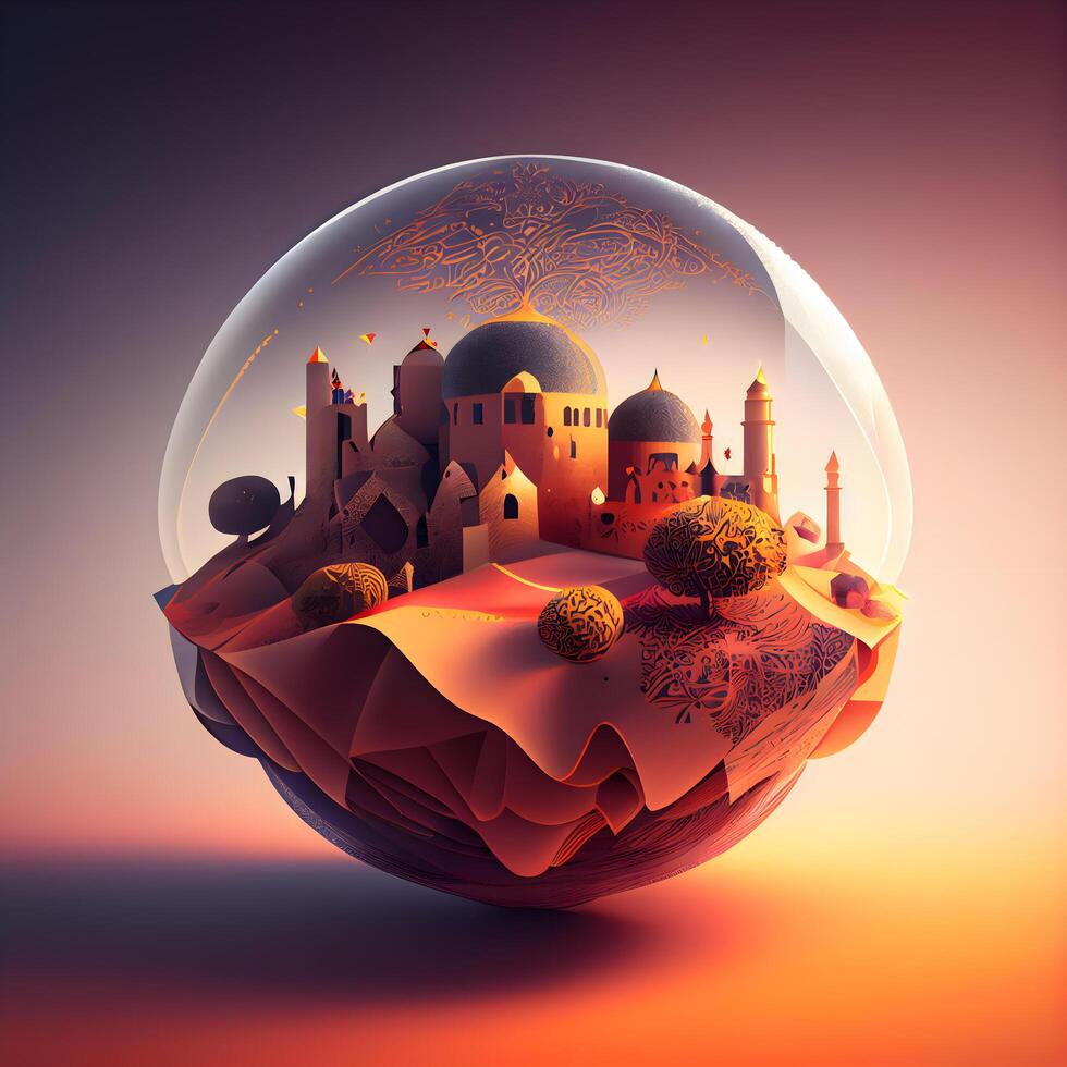 Magic crystal ball with castle and mosque on colorful background. 3D rendering, Image photo