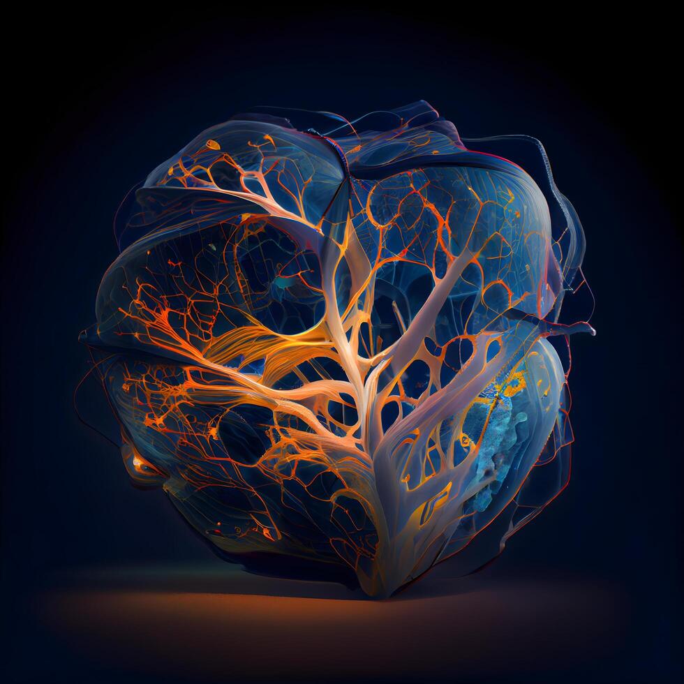 3d illustration of human heart with glowing veins on a dark background, Image photo