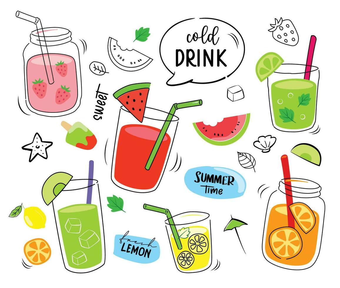 menú de verano de bebidas tropicales. bebidas frías con ilustración dibujada a mano. batido de frutas, cócteles, bebidas alcohólicas. vector