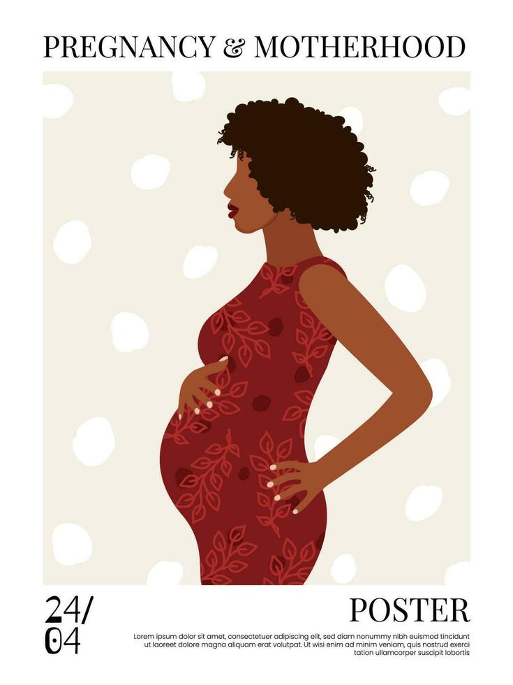 hermosa embarazada negro mujer. bandera o póster para sitios web, publicidad, saludo tarjeta. de la madre día saludo. salud cuidado, femenino, contento maternidad concepto. africano americano dama. vector