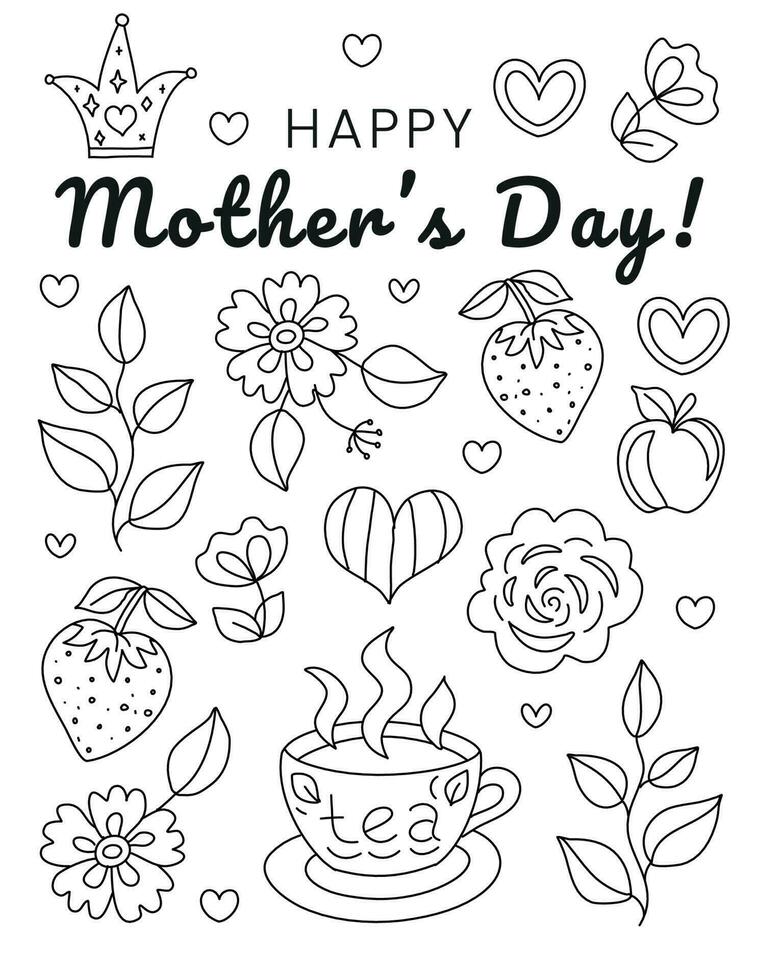 Happy Mother's day. Hand drawn coloring pages for kids and adults. Beautiful drawings with patterns and details. Spring coloring book pictures with blooming branches, flowers, smile, stickers, quotes vector
