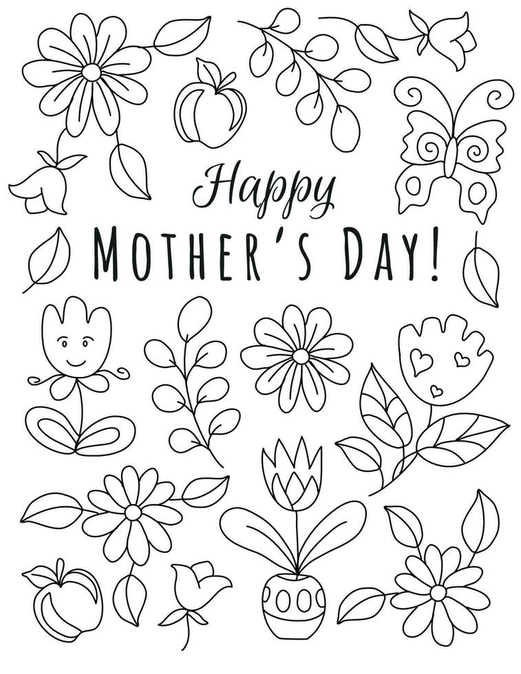 Happy Mother's day. Hand drawn coloring pages for kids and adults. Beautiful drawings with patterns and details. Spring coloring book pictures with blooming branches, flowers, smile, stickers, quotes vector