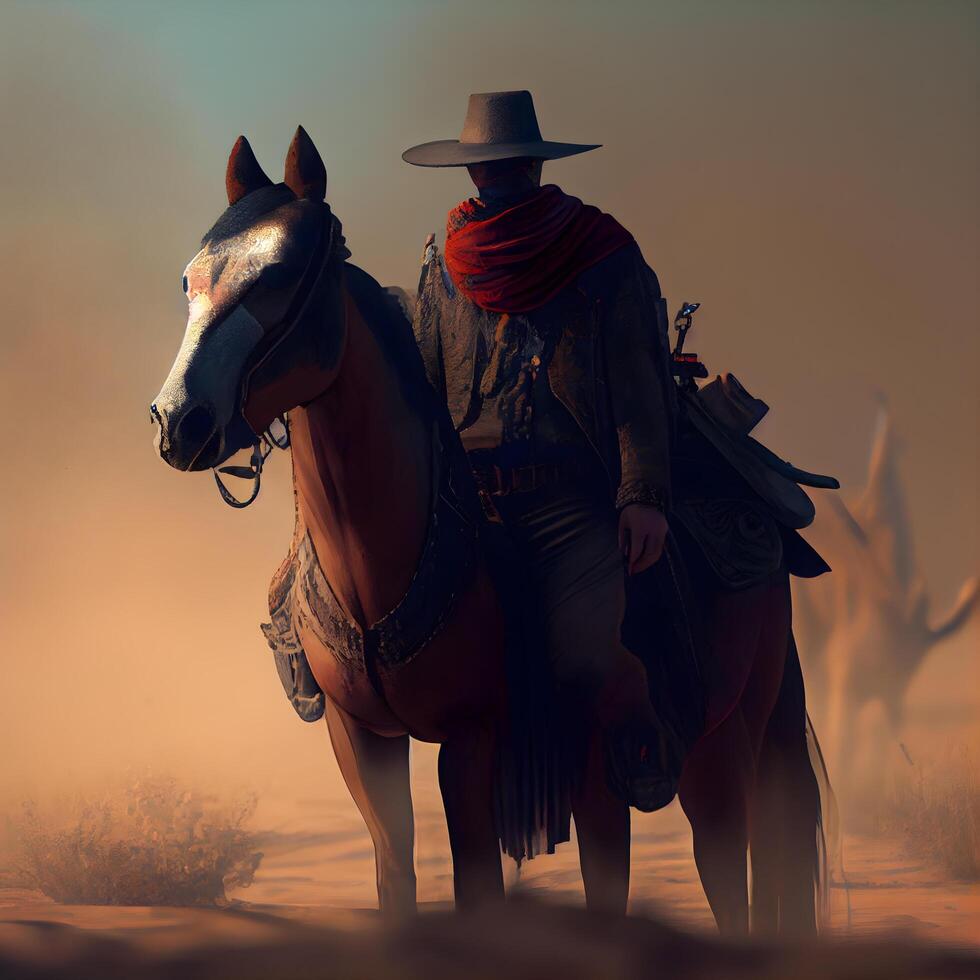 Cowboy with a horse in the steppe at sunset. 3d rendering, Image photo