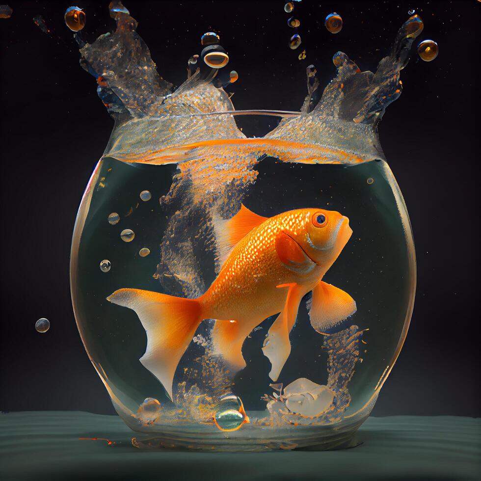 pez de colores saltando fuera de el agua en un pecera 3d representación, ai generativo imagen foto