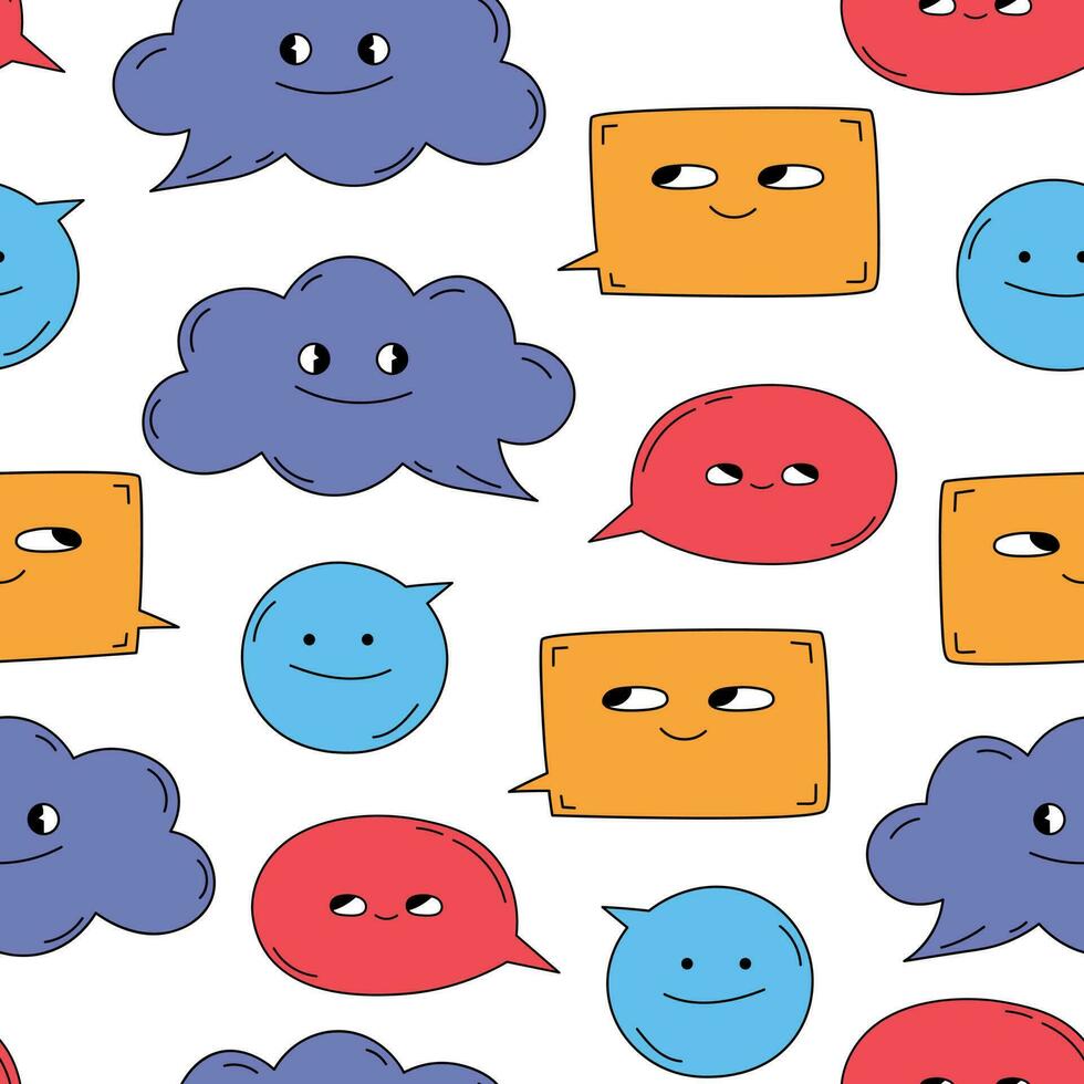Decorative Seamless Pattern with Colorful Funny and Cute Speech Bubbles Characters. Pattern with Funky Cartoon Characters of Bubbles and Frames vector
