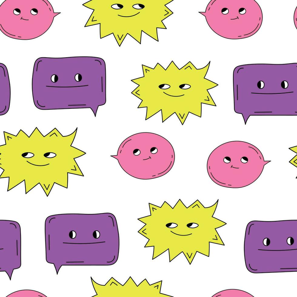 Decorative Seamless Pattern with Cartoon Funky Characters. Pattern with Funny Cartoon Bubble Speech and Frames Yellow, Pink and Violet Colors vector