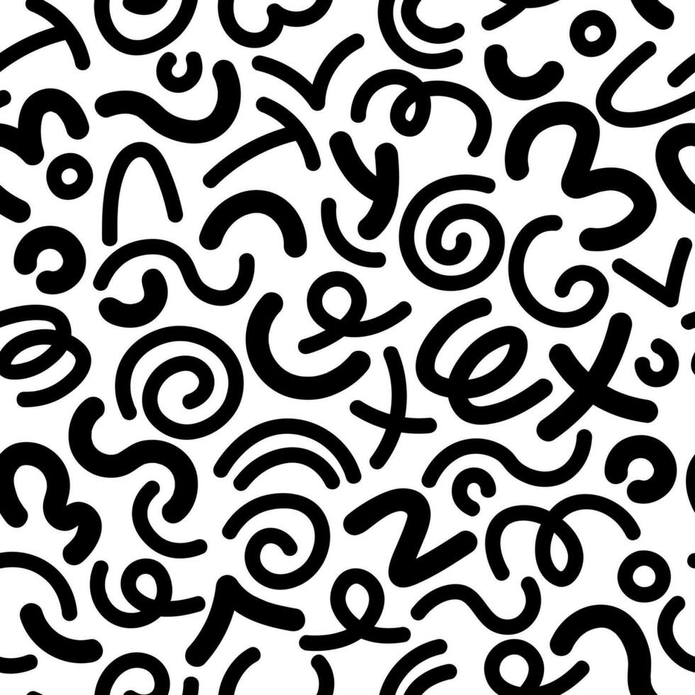 Fun Squiggle Black and White Abstract Line Doodle Seamless Pattern. 90s Doodle Style Fancy Seamless Pattern vector