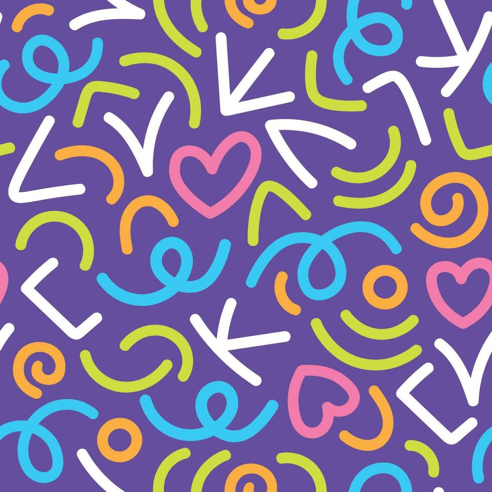 90s Colorful Squiggle Kid Seamless Pattern. Decorative Abstract Colorful Line Doodle Seamless Pattern on Violet Background vector