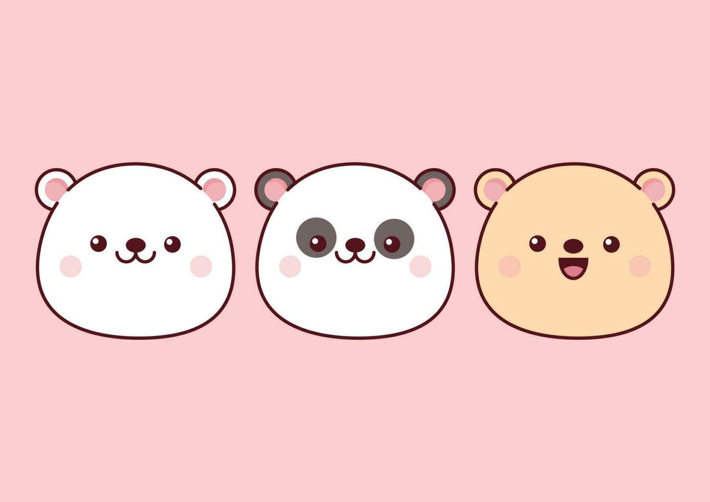 Set of panda and bear heads in kawaii style vector