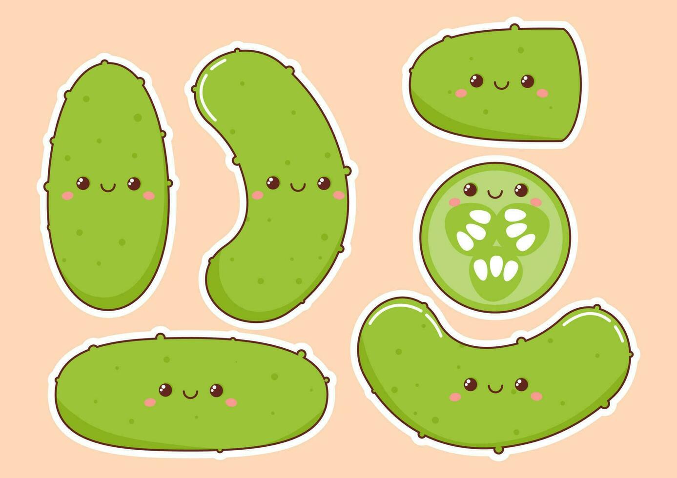 Set of different green kawaii cucumbers vector