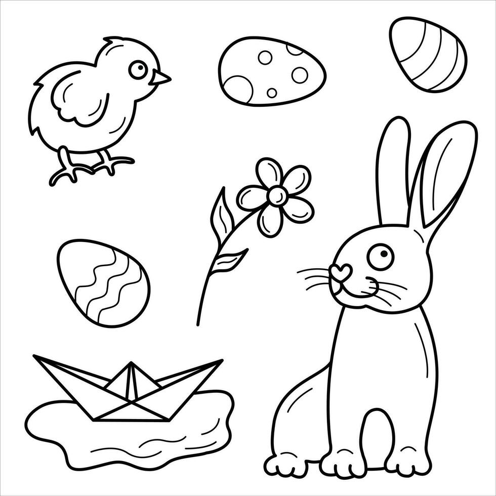 Set of vector isolated line illustrations spring, easter theme. Good for coloring books, postcards, web design.