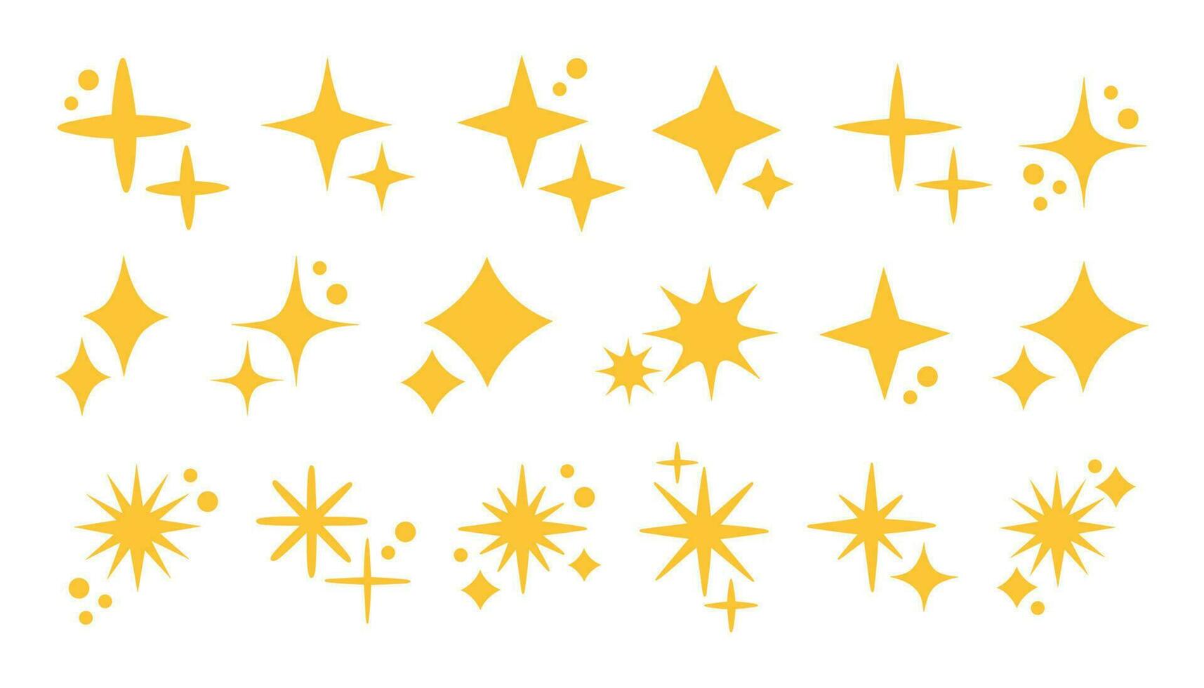 Yellow sparkles set, vector sparkling stars, shiny flashes of fireworks. Set of star elements of various shapes. Vector illustration