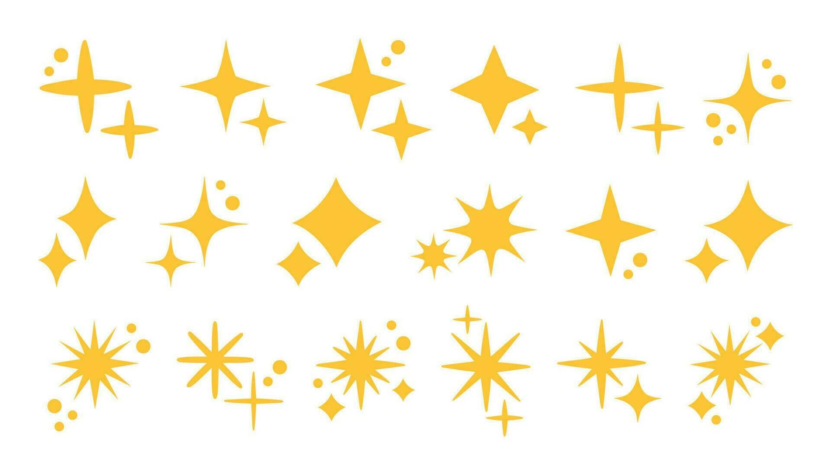 amarillo destellos colocar, vector espumoso estrellas, brillante parpadea de fuegos artificiales. conjunto de estrella elementos de varios formas vector ilustración