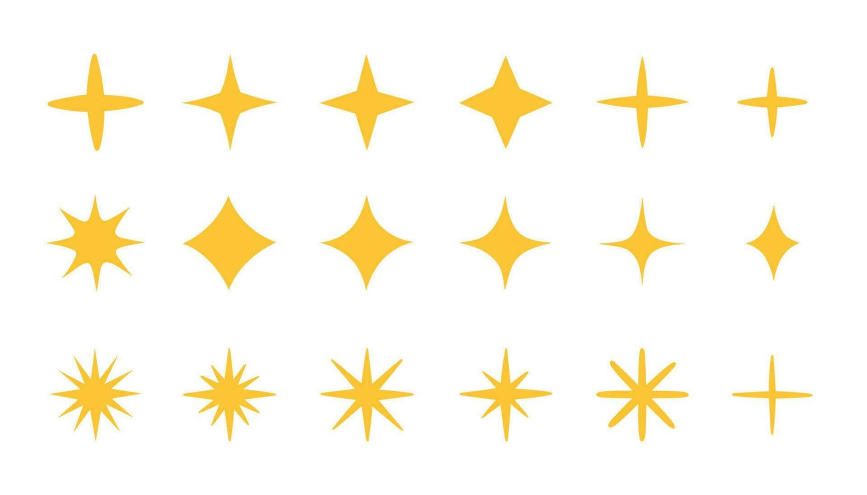 Yellow sparkles set, vector sparkling stars, shiny flashes of fireworks. Set of star elements of various shapes. Vector illustration