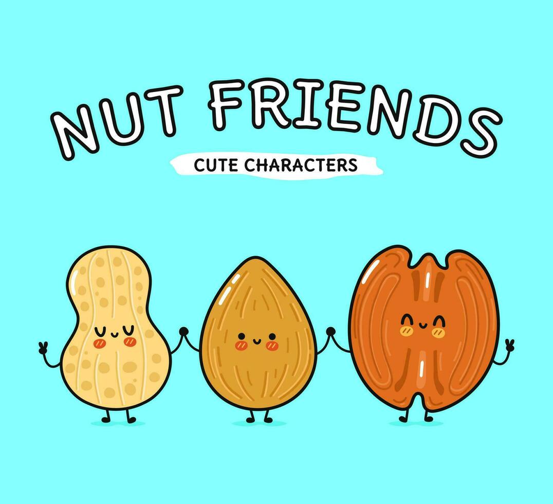 Cute, funny happy almonds, peanuts and pecan. Vector hand drawn cartoon kawaii characters, illustration icon. Funny happy cartoon almond, peanut and pecan mascot friends concept