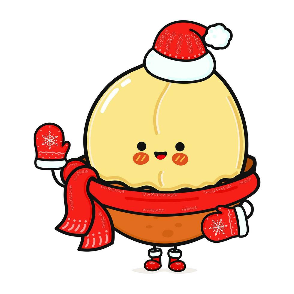 Funny smiling happy Macadamia and christmas hat. Vector flat cartoon character illustration icon design. Isolated on white background