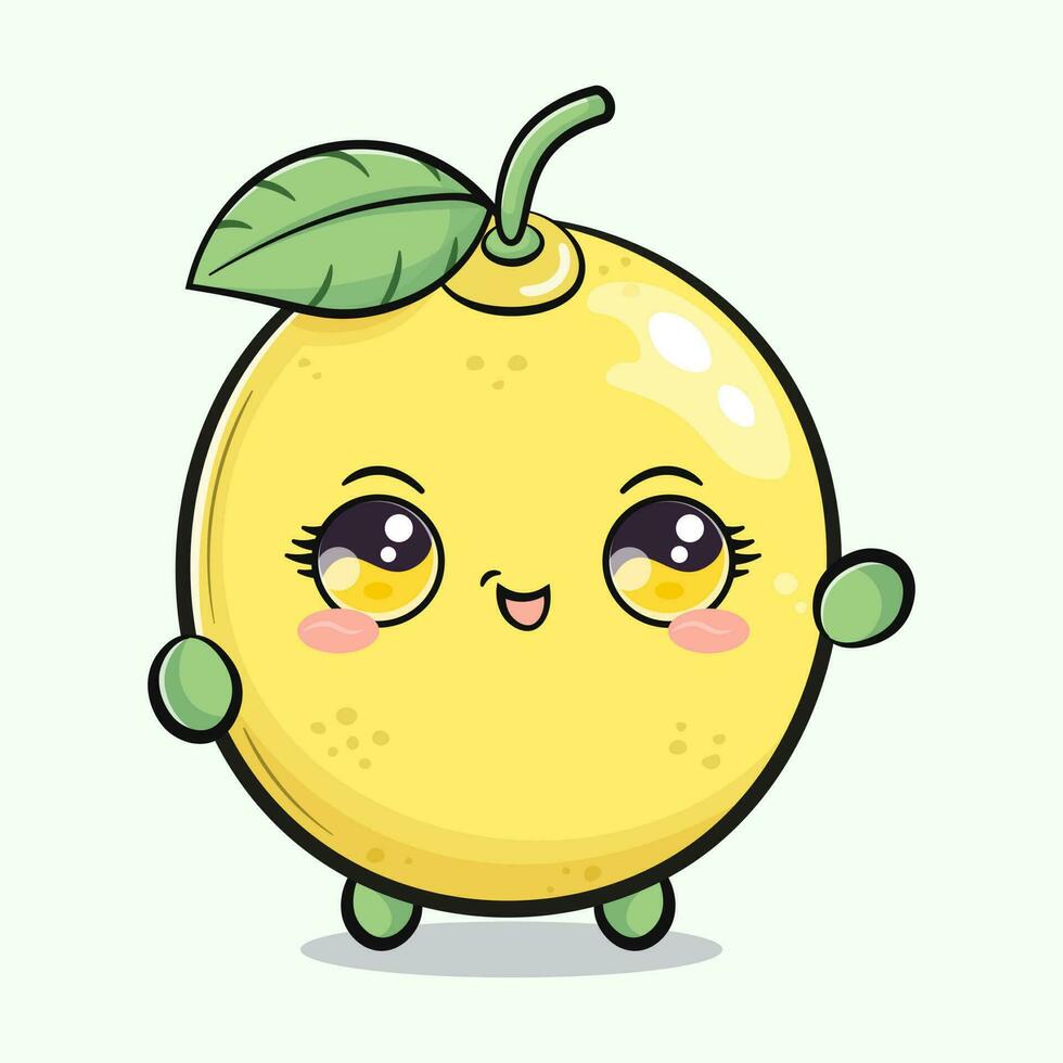 Cute funny lemon waving hand. Vector hand drawn cartoon kawaii character illustration icon. Isolated on green background. Lemon character concept
