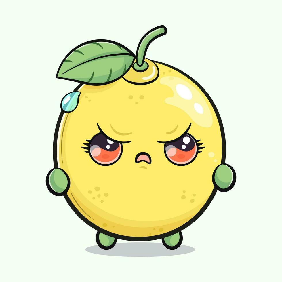 Cute angry lemon character. Vector hand drawn cartoon kawaii character illustration icon. Isolated on green background. Sad lemon character concept