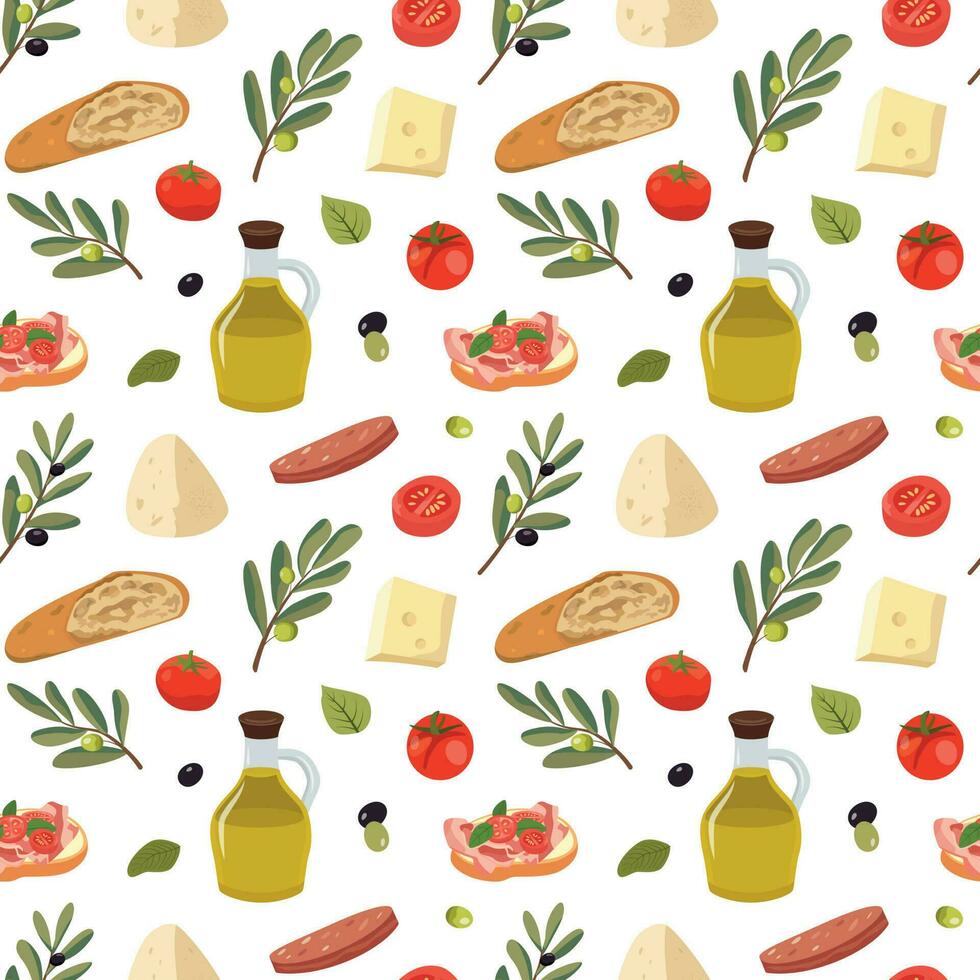 Summer Italian food seamless pattern. Cartoon illustration with olives, cheese, meat, bread, and tomatoes. Isolated on white background. vector