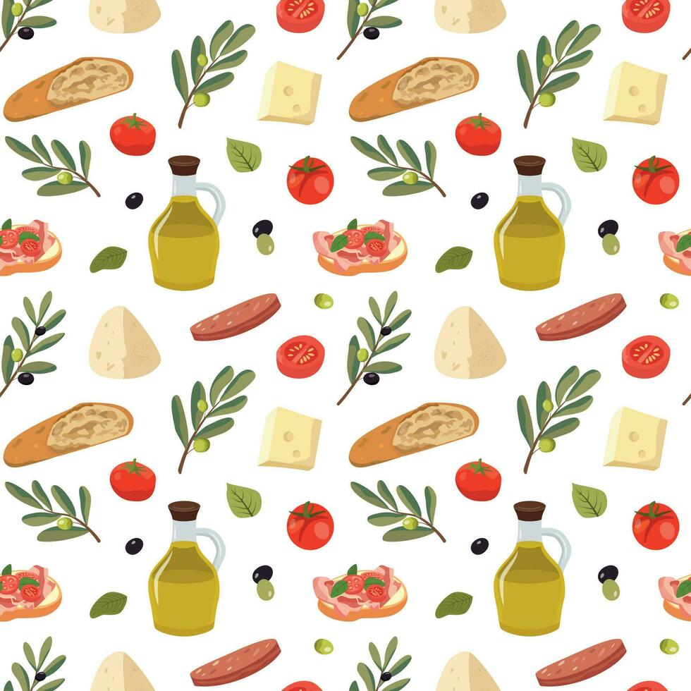 Summer Italian food seamless pattern. Cartoon illustration with olives, cheese, meat, bread, and tomatoes. Isolated on white background. vector
