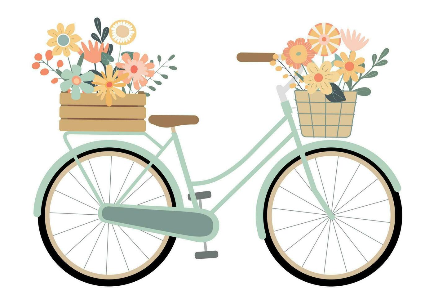 Cartoon pastel color bicycle with spring flowers in crate and basket. Isolated on white background. Vintage bike carrying basket, crate with flowers and plants. Vector illustration.