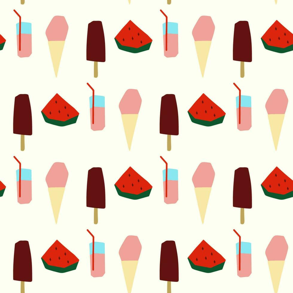 Seamless pattern with summer food llustration in cutting style ice cream watermelon on white background vector