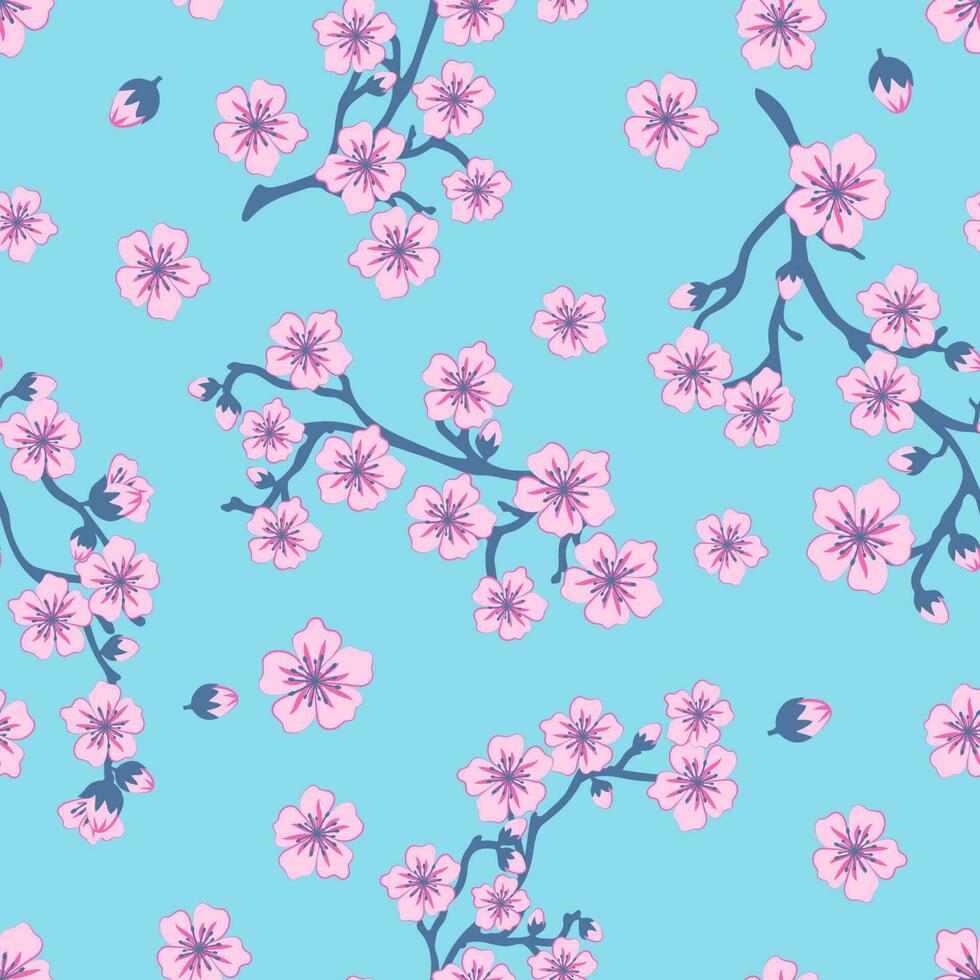 Seamless pattern of pink sakura flowers on a blue background. vector