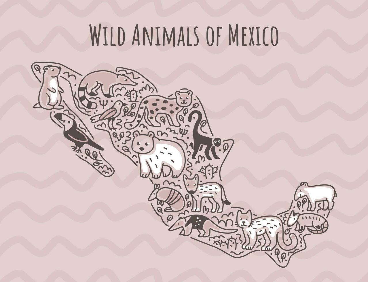 Animals of Mexico on map. Doodle style illustration. Outline sketch. vector