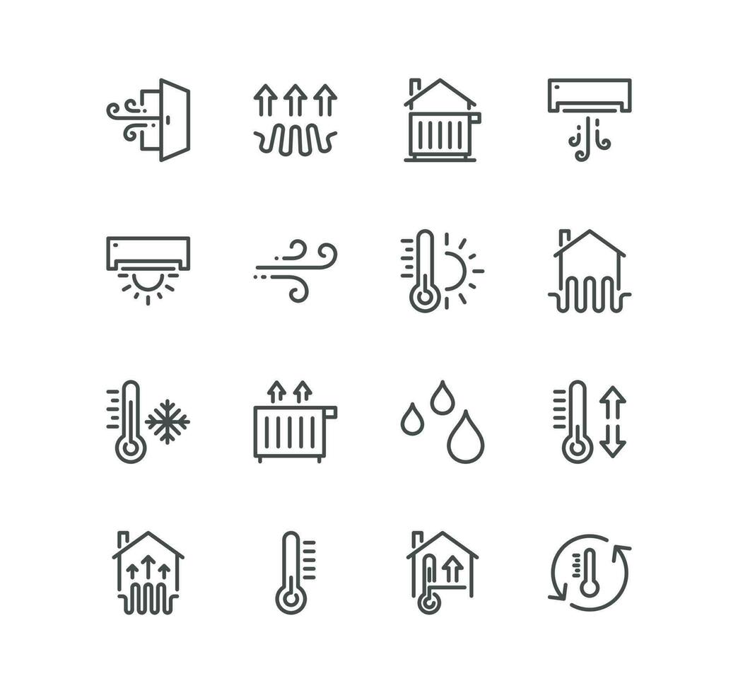 Set of house heating related icons, heat supply, heating boiler, water heater, gas and electric heating and linear variety vectors. vector