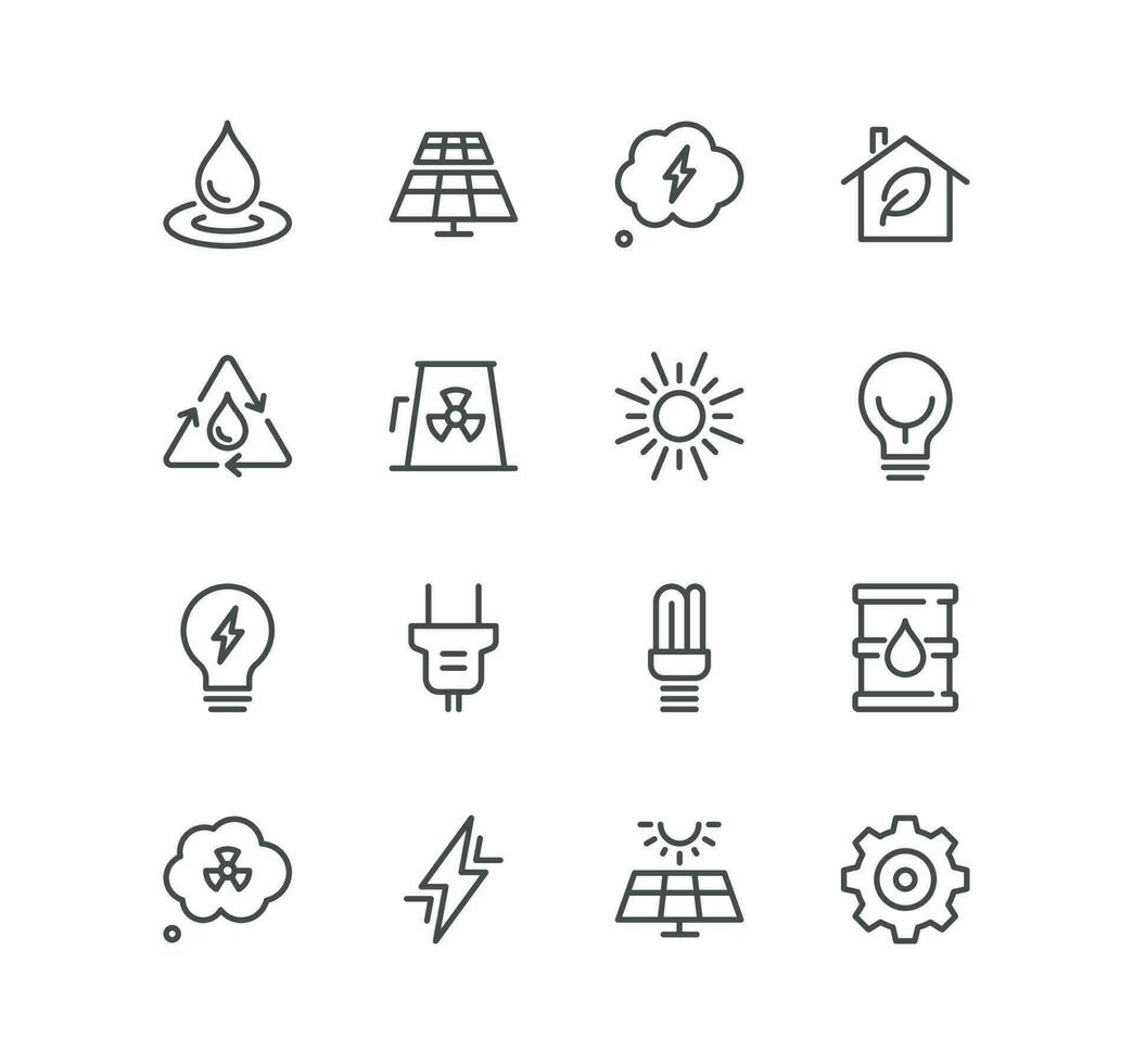Set of energy types related icons, power station, solar cells, fossil fuels, renewable, turbine, ecology, lightning and linear variety vectors. vector