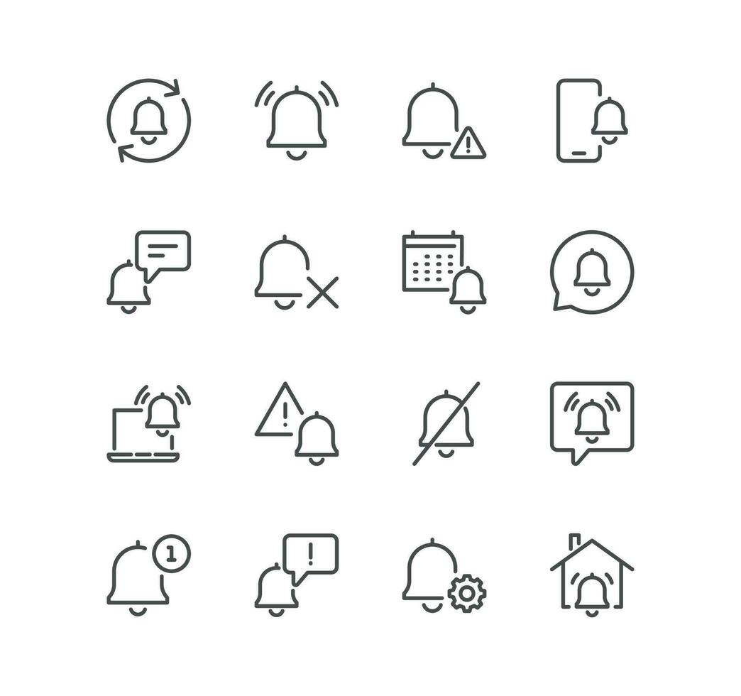 Set of notification related icons, mute, incoming, reminder, attention, calendar notice, notification bell and linear variety vectors. vector