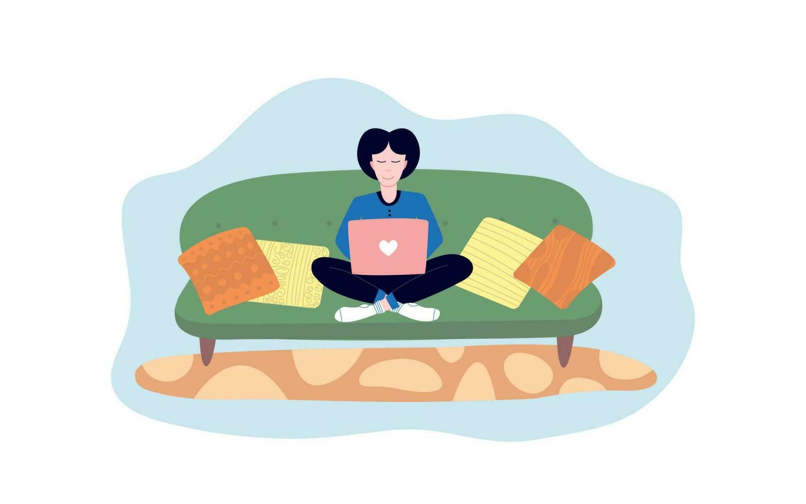 Woman sitting on sofa and working at laptop. Flat style illustration with woman taping on laptop at home vector