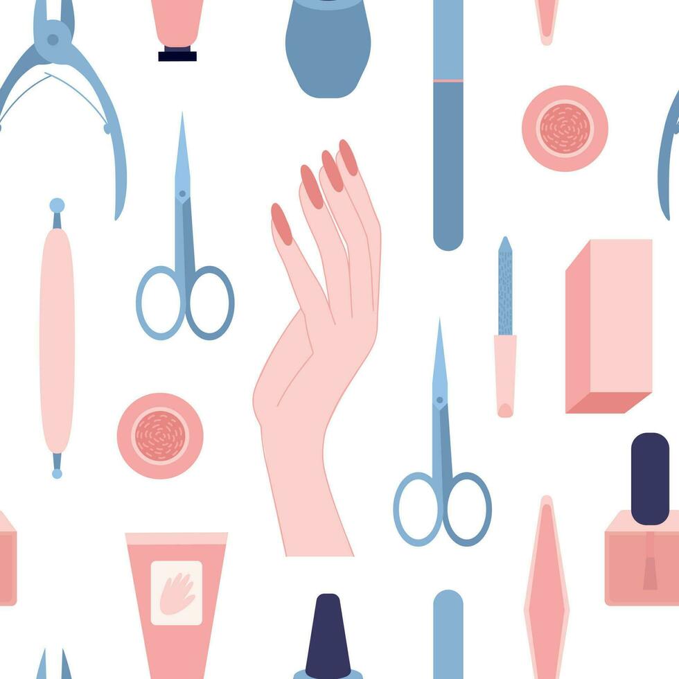 Vector manicure seamless pattern. Flat manicure salon tools on white background