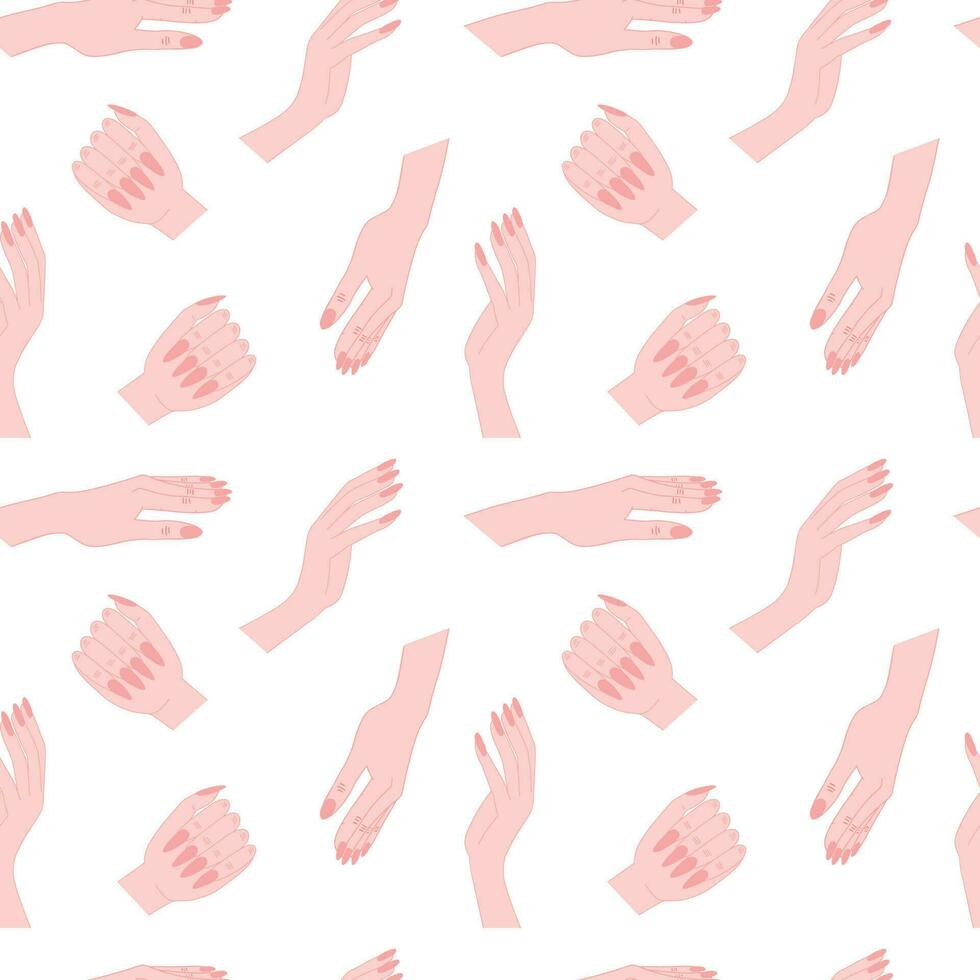 Woman hands with nude manicure seamless pattern. Flat style different woman hands with classic manicure on white background vector