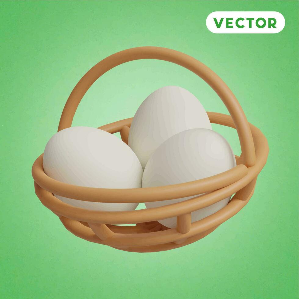egg basket 3D vector icon set, on a green background
